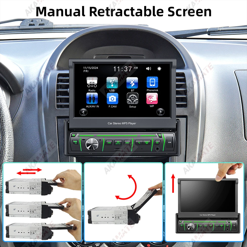 1Din Car Radio Retractable Screen Capacitive MP3 MP5 Player Mirrorlink Bluetooth Voice Assistant FM Radio Universal for All Cars