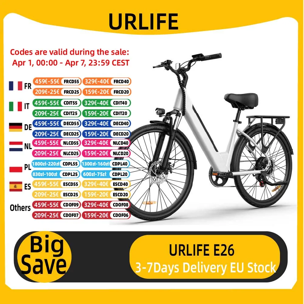 URLIFE E26 vélo électrique pour adultes 250W moteur vélo électrique 48V 10.4AH 26 pouces pneus ville banlieue vélo électrique