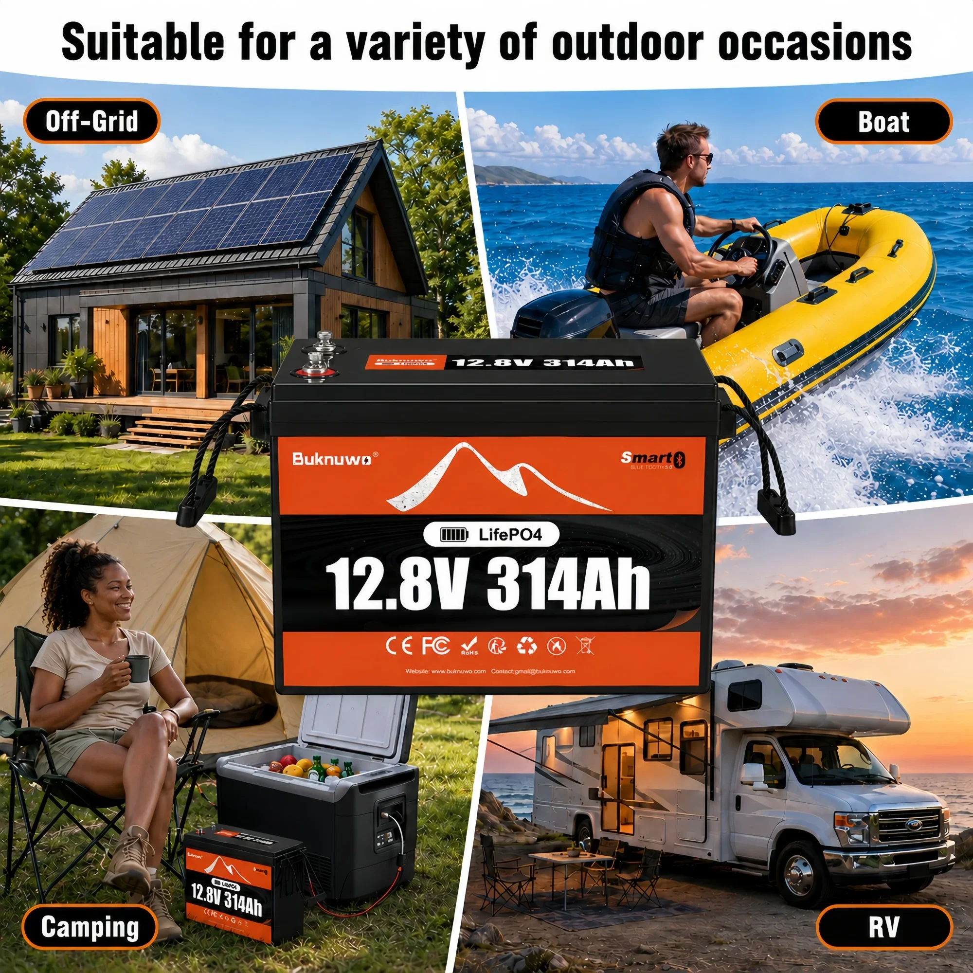 Buknuwo 12V/12.8V 314Ah Bluetooth LiFePO4 Lithium Battery, Smart 4019Wh Power Energy Battery, Built-in 200A BMS Grade A Cells, Capable Of Over 5000 Cycles Support Series/Parallel Battery For Solar, RV, Marine, Off-Grid Application