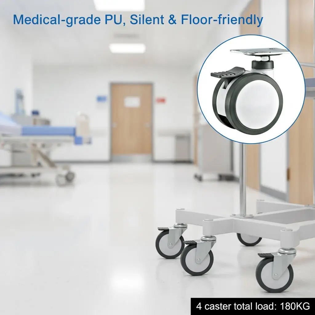 4 Pack 3 Inch TPR PU Full Plastic Medical Casters, Double Wheel Swivel Caster with Brake & Lead Screw Mount