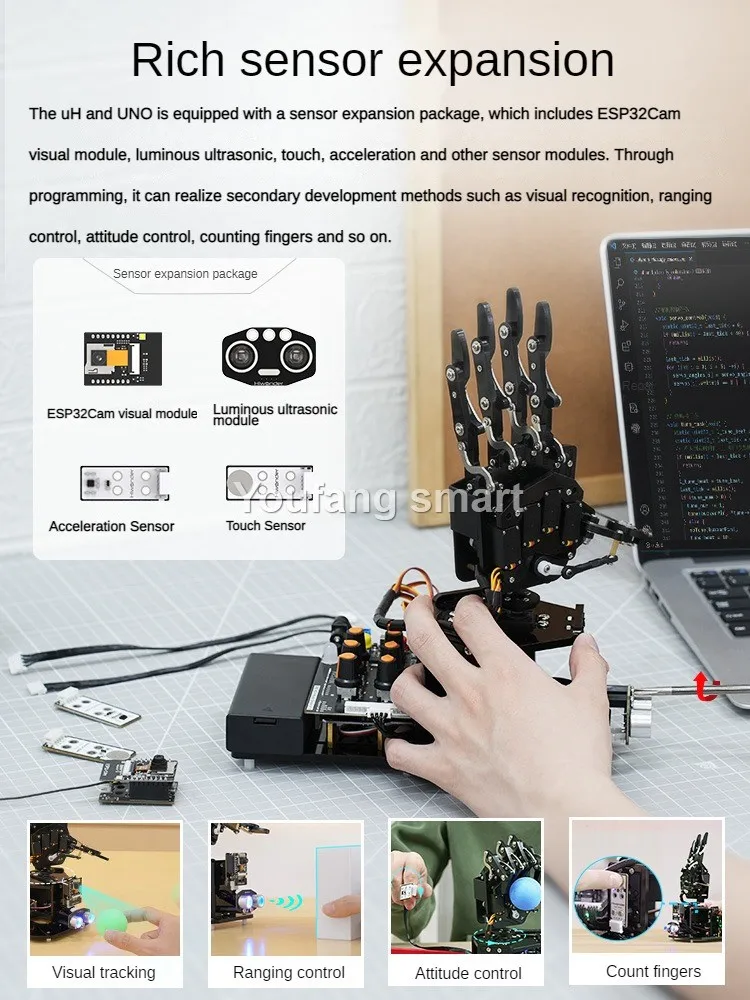 UNO Open Source AI Bionic Robot Hand Support Somatosensory Glove Control 6 Dof Robotic Fingers for Arduino Programming  DIY Kit