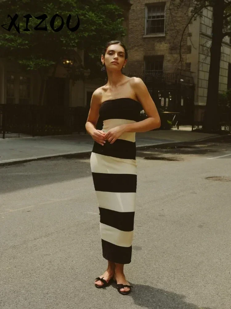 

XIZOU Black White Strapless Maxi Dresses for Women Off the Shoulder Sleeveless Summer Bodycon Dress Elegant Party Evening Robe