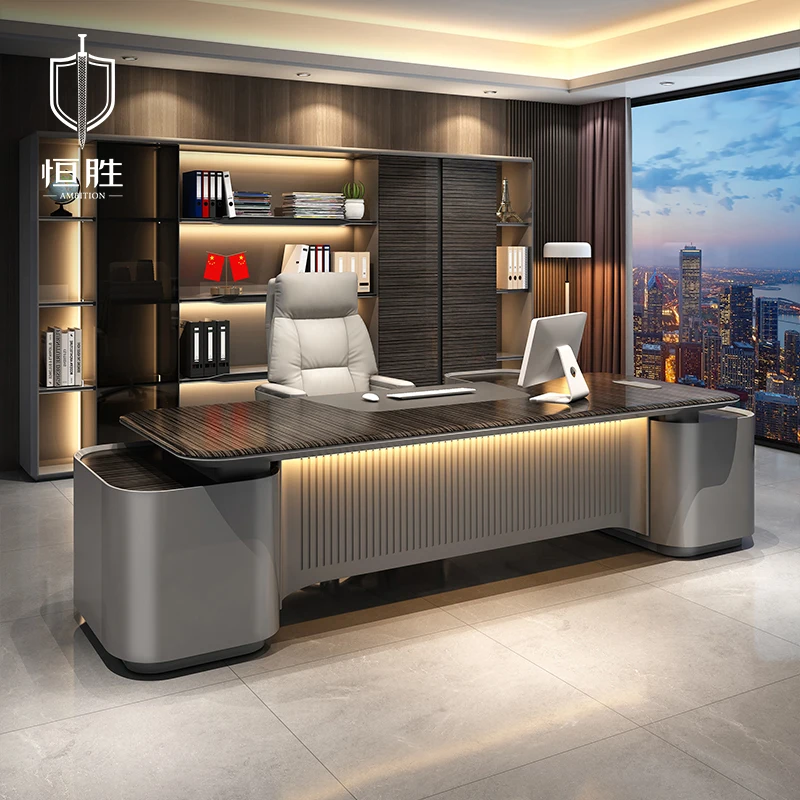 

Boss table light luxury high-end desk President Chairperson Bantai modern ebony leather baking paint