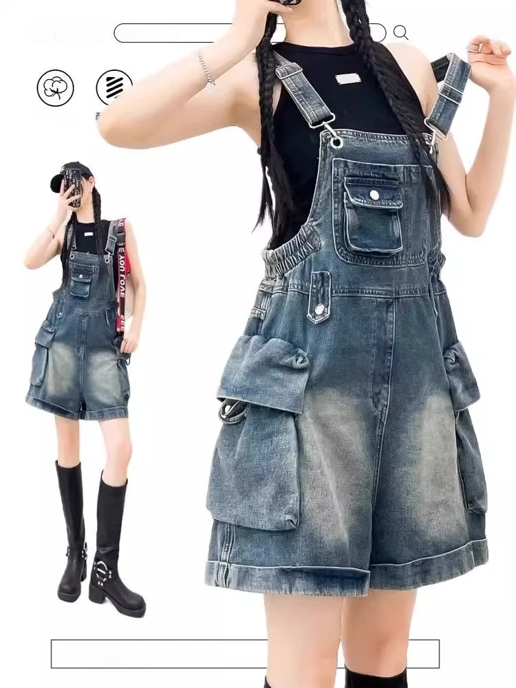 

Women's Large Pocket Design Overalls Casual Young Girl Fashion Denim Shorts Pants Female Streetwear Rompers Mini Trouser