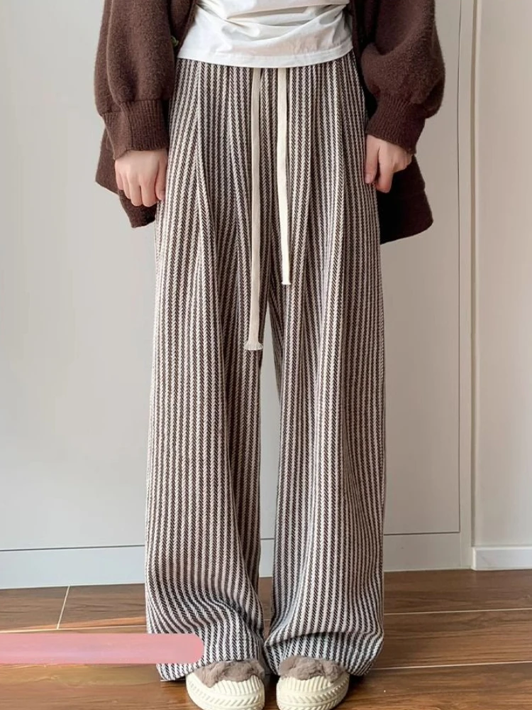Spring Autumn Pants Women Retro Striped Knited Casual Daily Simple High Waist Wide Leg Trousers Stylish Temper Female All-match
