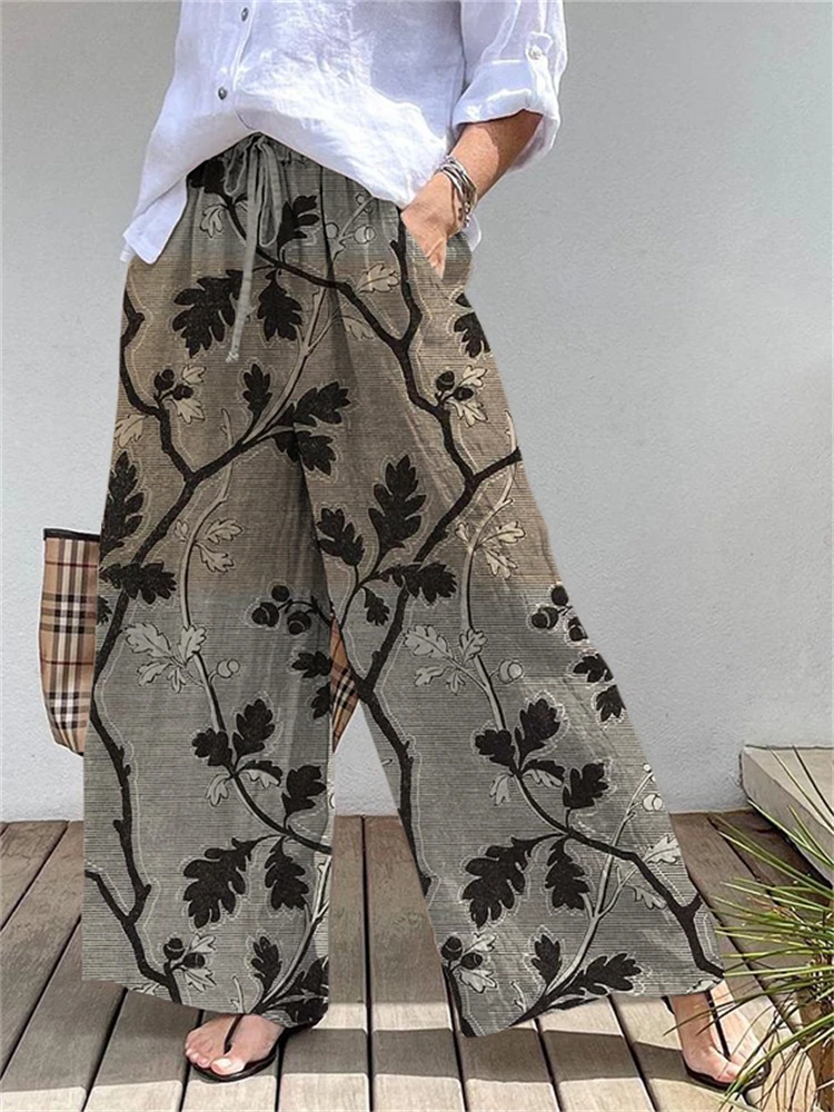 Women's New Floral Print Casual Pants Autumn Casual Fashion Wide-Leg Streetwear Pants Drawstring Design Breathable Long Pants