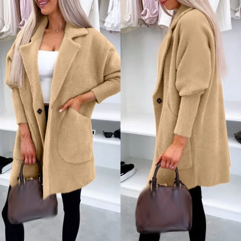 ملابس خارجية فضفاضة غير رسمية للخريف والشتاء معطف صوفي بأكمام طويلة للنساء سترات جيب بأزرار بلون سادة بسيطة #5