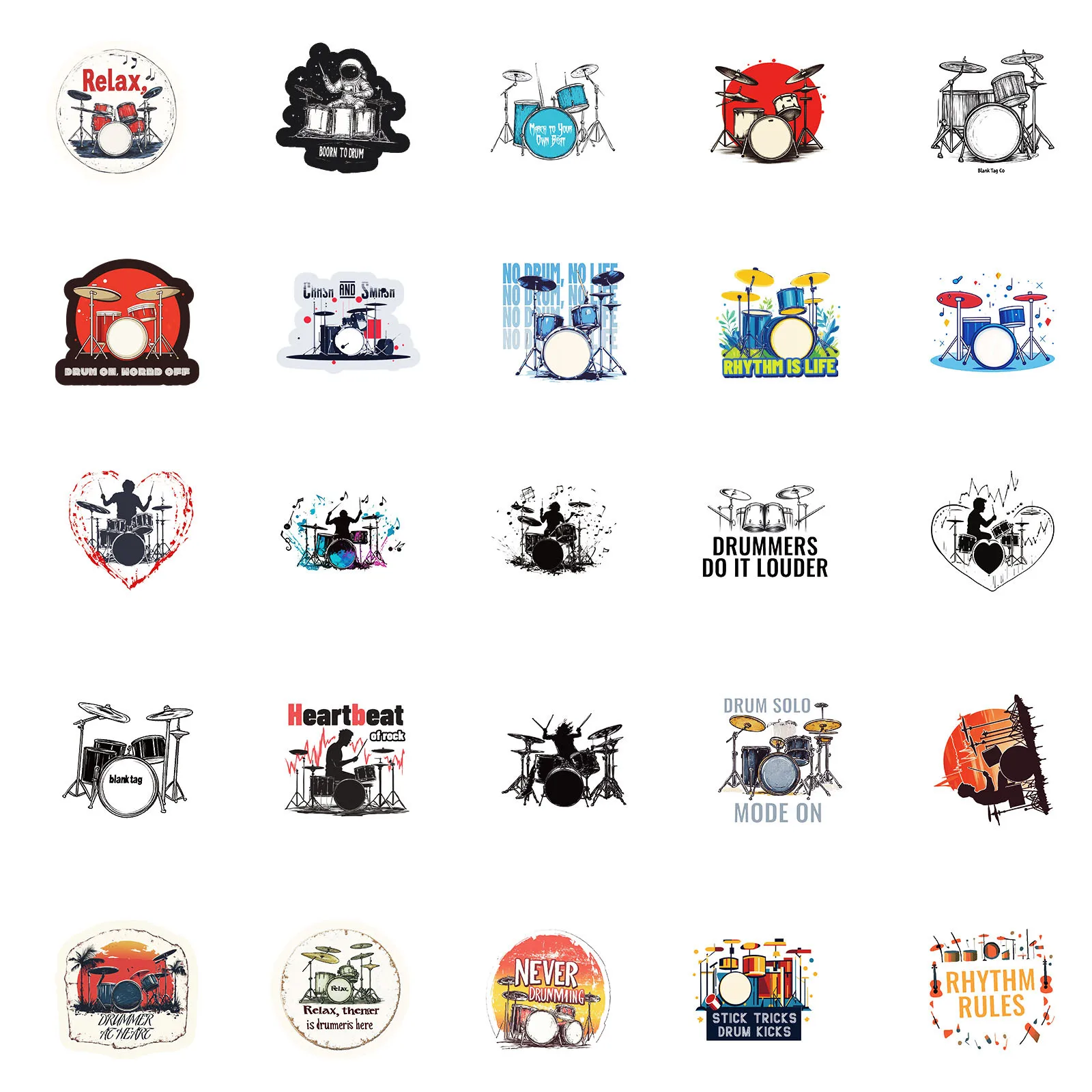 50pcs กลองเครื่องดนตรี Niche Graffiti โทรศัพท์มือถือกรณีเดสก์ท็อปถ้วยน้ําบัญชีมือวัสดุตกแต่งสติกเกอร์กันน้ํา