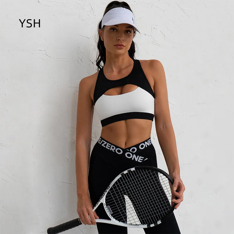 YUSHUHUA Splicing Color Contrast Design Sport Bra Women Shockproof Sexy Back Yoga Bra Gym Fitness Workout Training Underwear