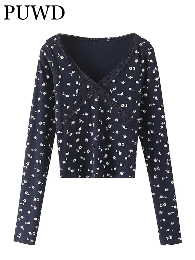 

PUWD Women Fashion Navy Cross Lace Floral Printed Tees 2023 Spring Fashion Vintage V Neck Long Sleeves Female Chic Tops
