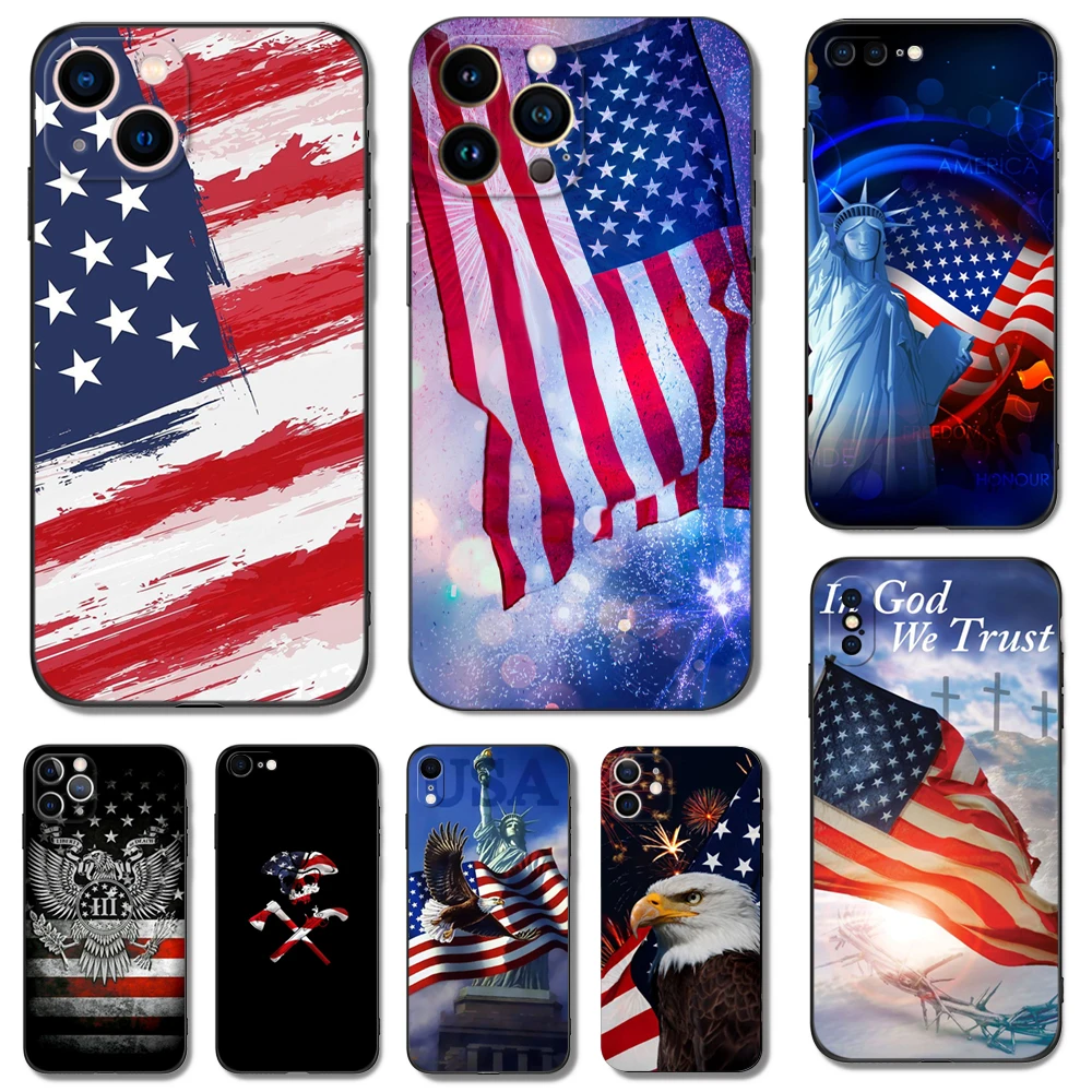 Черный чехол из ТПУ для iphone 14 13 12 11 mini pro MAX 5 5s se 2020 6 6s 7 8 plus x 10 XR XS, Обложка с американским флагом США