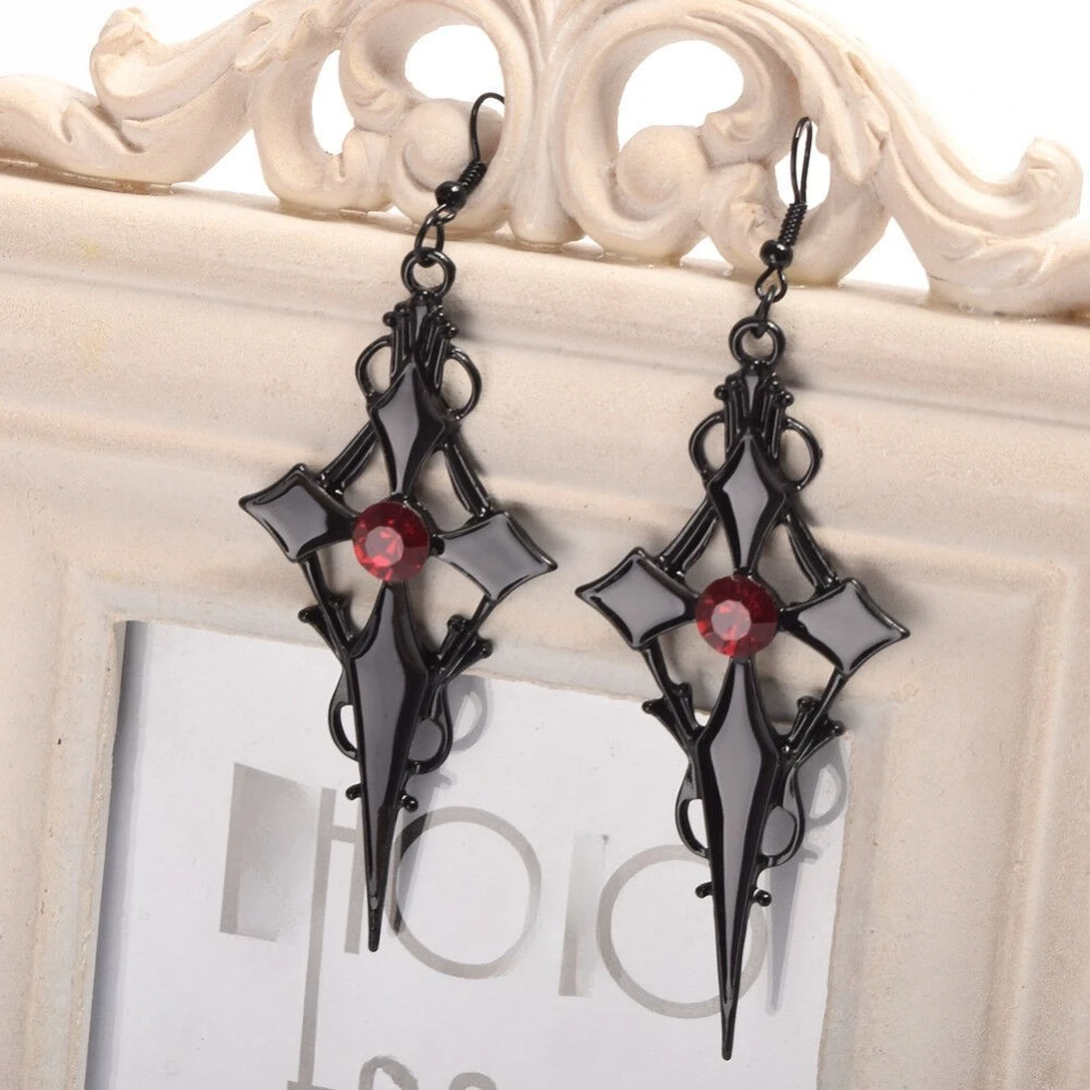 Gothic Punk Black Hollowed-out Cross Pattern Red Rhinestone Dangle Earrings for Women Hallowmas Party Personality Jewelry Gifts