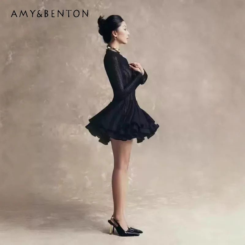 Hepburn Style Temperament Black Round Neck Long-sleeved Mini Dress Trendy Slim Princess Tutu Dresses Birthday Dress for Women