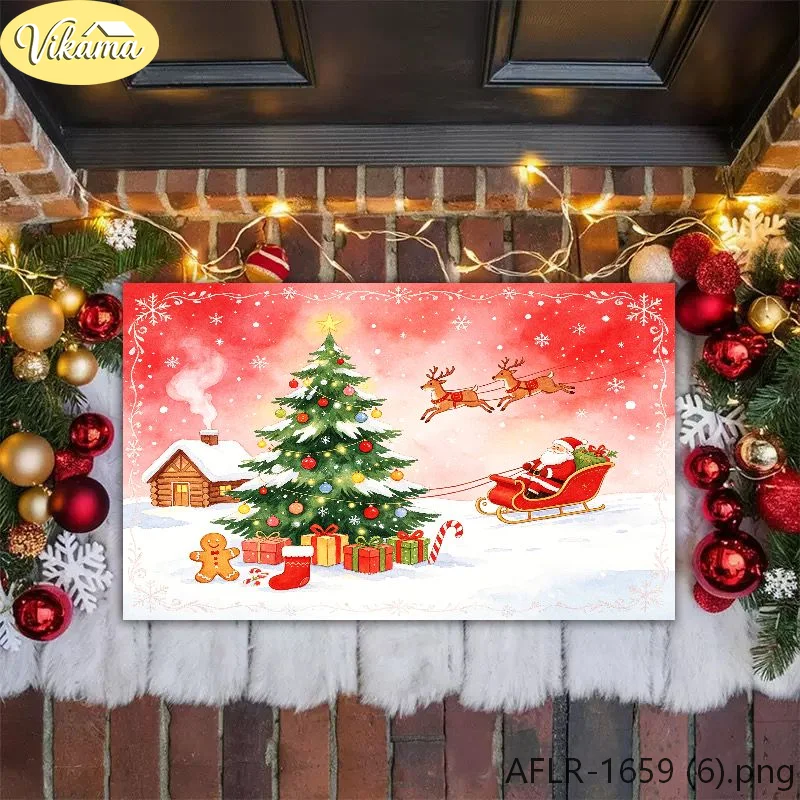 VIKAMA Fairy Tale Christmas Doormat Winter Snow Scene Santa Claus Design Non Slip Entryway Rug Washable Cozy Festive Home Decor
