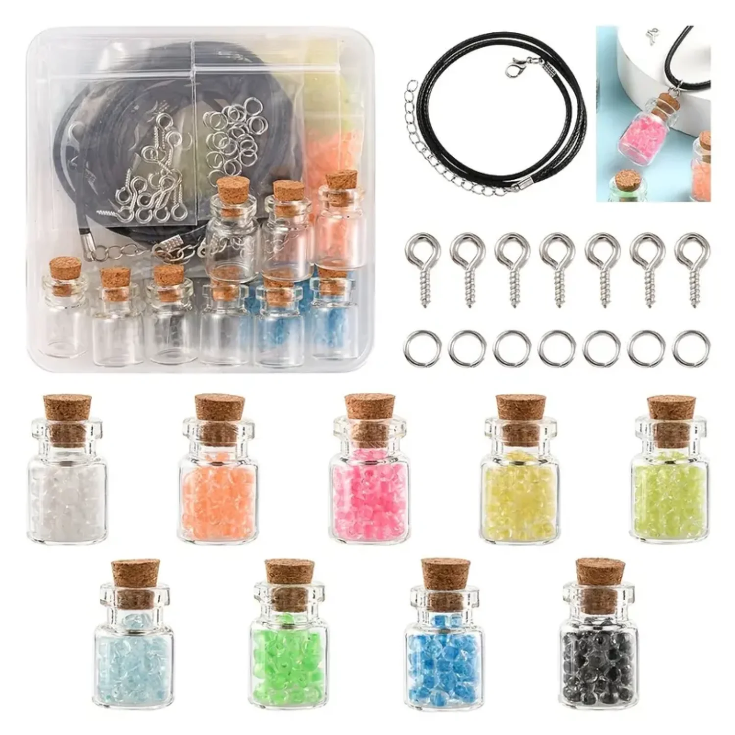 1set Luminous Wishing Bottle Pendants, Light Glowing Glass DIY Handmade Necklace, Artificial Jewelry Accessories Bag