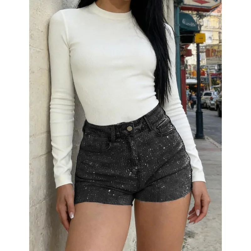 Sexy Denim Short Women Summer 2026 Distressed Blue Stretch Elegant Fashion Hot Stamping High Waist Slim Effectcowboy Half Pants