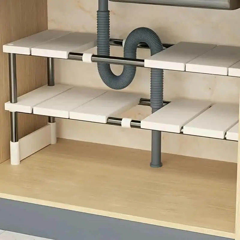 Adjustable Under-Sink Storage Rack - Stainless Steel Multi-Layer Space-Saving Storage Rack, Suitable for Kitchen and Bathroom Cabinets, Durable Wood-Free Design, Easy to Install, Multifunctional Under-Sink Shelf, Ideal Placement for Cookware and Cleaning Tools, Can Be Purchased in Multiple Stackable Units
