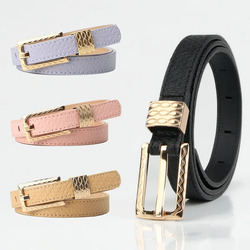 Simple and Versatile Dopamine-Inspired Accessories Women’s Slim Leather Belt with Retro-Chic Pin Buckle and Patterned Accents