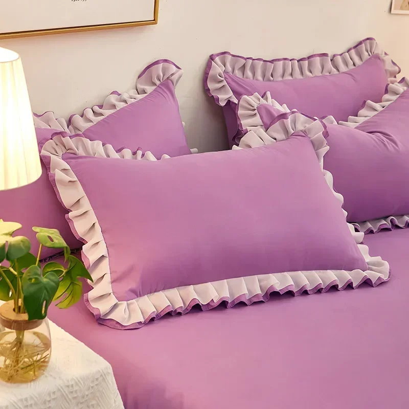2Pcs French Style Ruffle Pillowcase Cotton Envelope Pillow Cover Princess Frilled Pillow Sham for Bedroom, No Pillow Insert