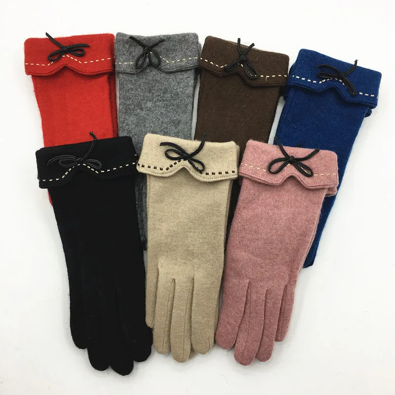 Korean Style Wool Cashmere Touchscreen Gloves for Women - Embroidered Bow Detail Split Finger Warm Gloves
