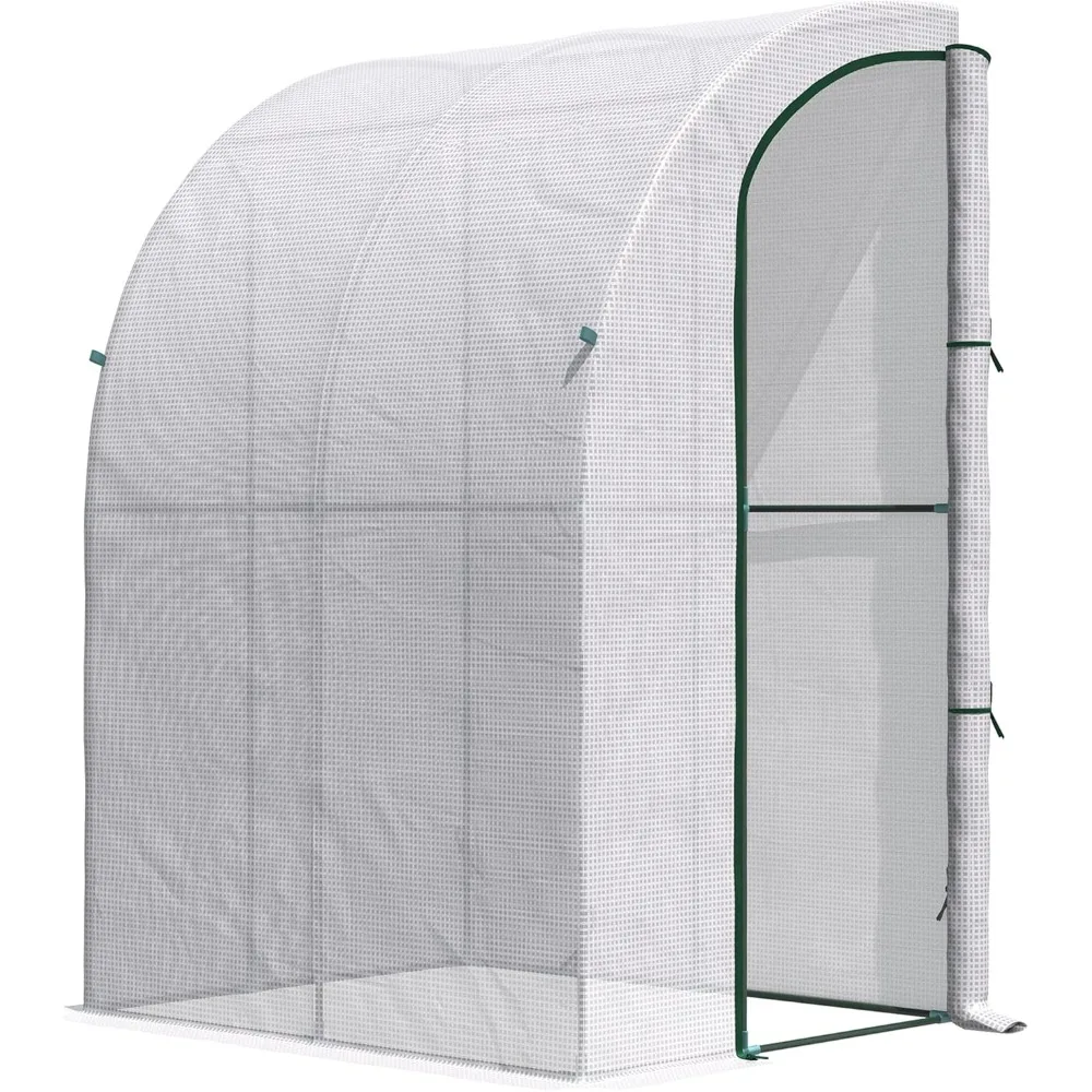 5' x 4' x 7' Outdoor Lean to Greenhouse, Walk-in Green House Plant Nursery with Roll-up Window, PE Cover, White