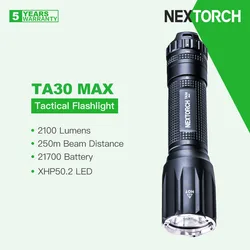 Nextorch TA30 MAX Tactical Flashlight, One-step Strobe,2100 Lumens with 21700 Battery,Design for Intuitive and Instinct-centered