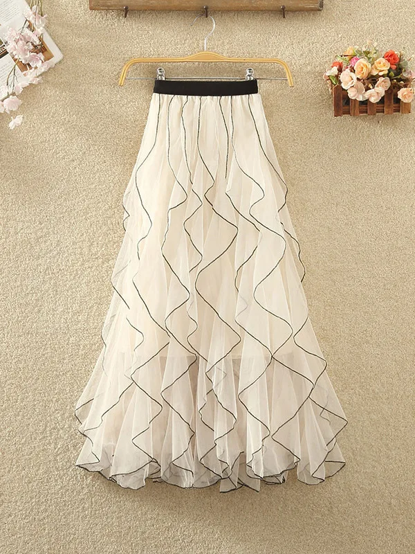 Elastic Waist Ruffled Half Length Skirt Women's Street Style Semi-Long Gown with Lace Hem Casual Loose Fit Summer New Arrival