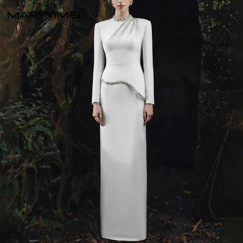 MARYYIMEI Solid Color Stitching Beading ceremonial Dress Round Neck Long Sleeve Waist Long Dress 2026 Summer Women's New Style