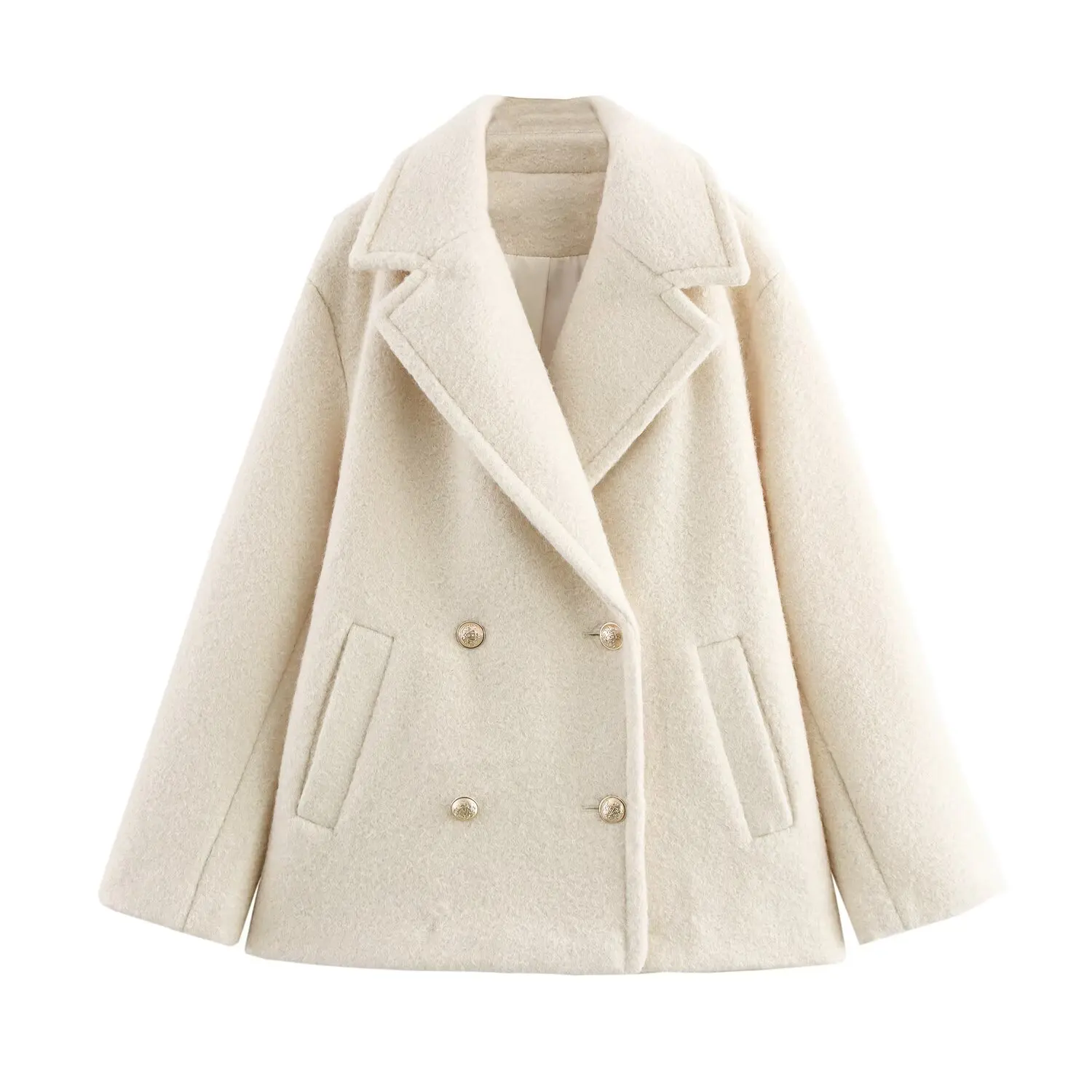 

JNLEAOG Autumn New Women's Design Sense Pearl Woolen f Long Coat Jaet 30049 Straight Cut Long Sve Double Breasted