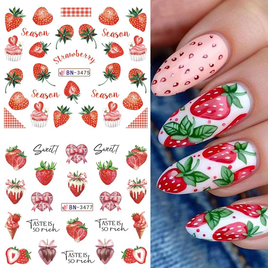 12 disegni di fragole per nail art decalcomanie per il trasferimento dell'acqua serie di frutta rosa rossa cursore autoadesivo decorazione per manicure decorazione per unghie fai da te