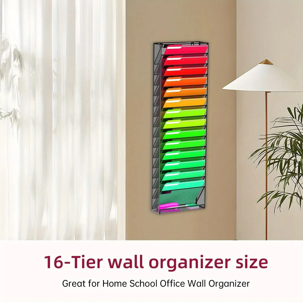 16 Tier Wall File Organizer, Wall Mounted Metal Grid File Organizer for Organizing Files, Folders, Letters and Magazines
