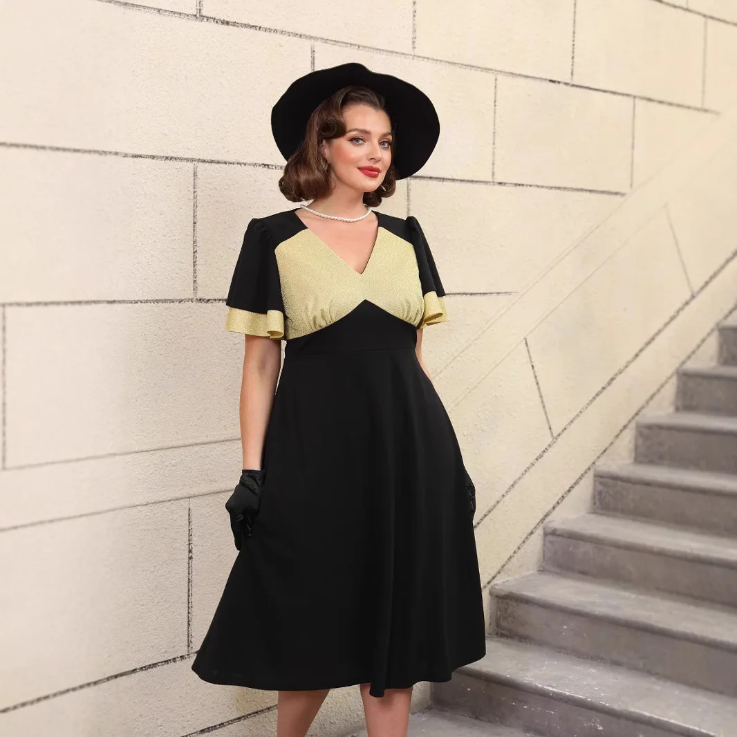 

Plus Size Color Block Glitter Dress Ruffle Sleeve A-line Slimming Black Dress Female Dress Party Summer Elegantes Casual Y2k