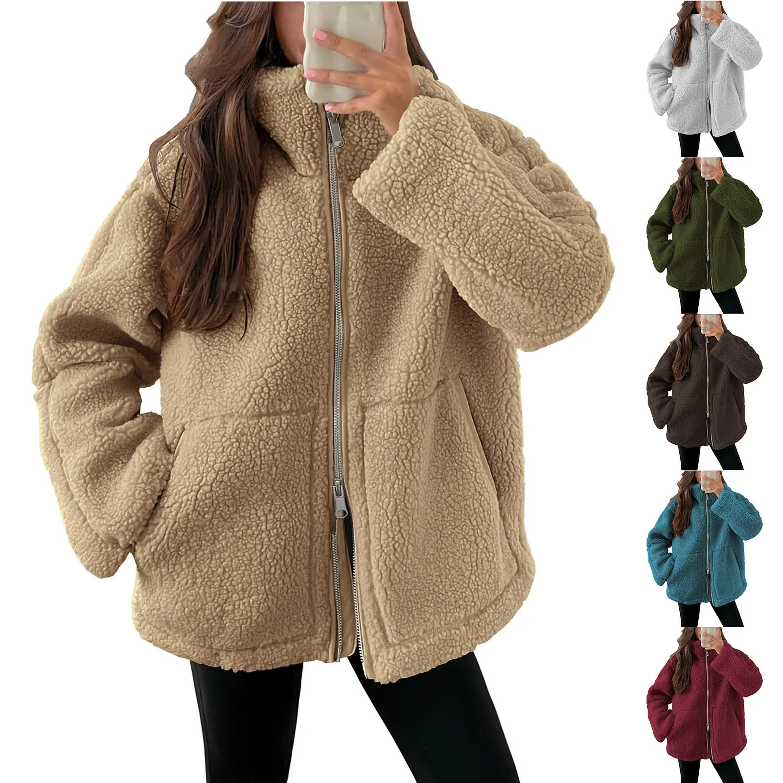 Autumn Winter Women High Collar Plush Jacket Large Pocket Solid Color Cozy Coat  Sleeve Regular Type Velvet Casual Zipper Jacket