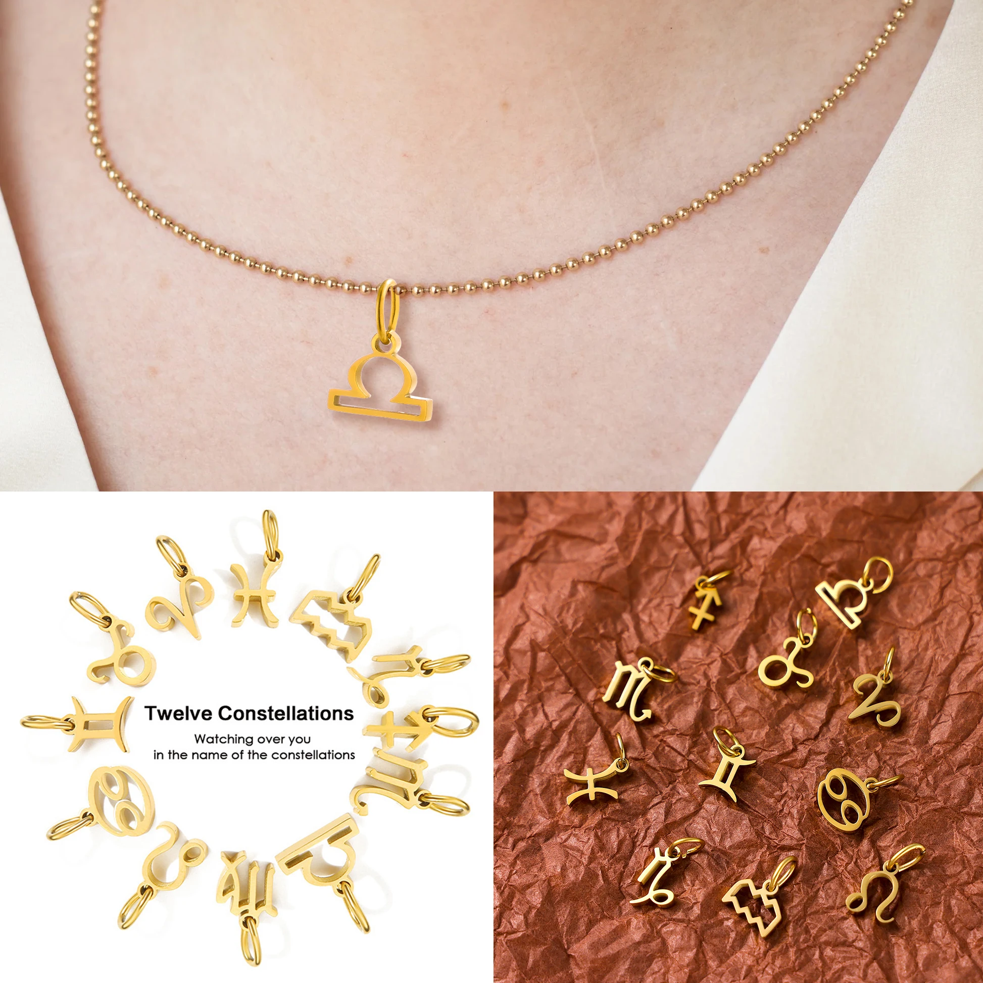 CARLIDANA New 12 Zodiac Sign Necklace Pendants Charm Constellations Zodiac Stainless Steel Pendant Charms for Jewelry Making