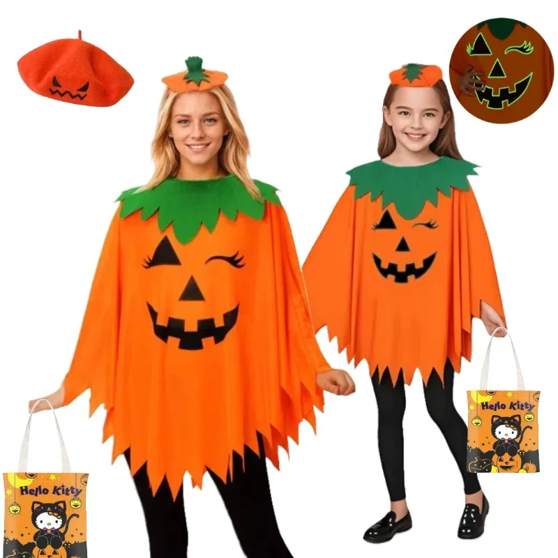 

Adults Kids Luminous Pumpkin Cosplay Costume Shawl Cape With Beret Candy Bag Suit for Halloween Carnival Party Dress Up Outfit