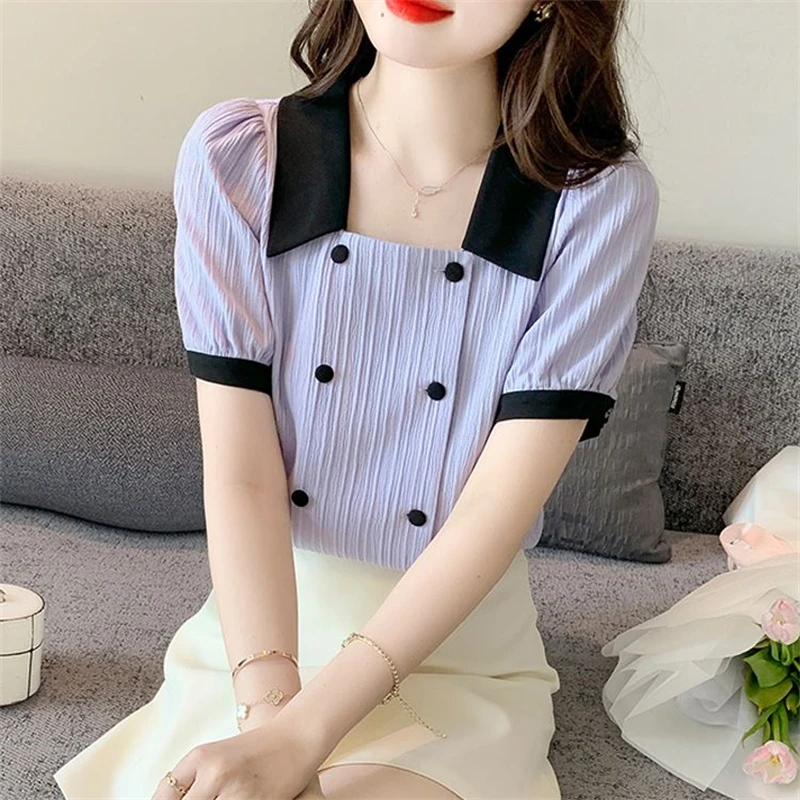 Women Trendy Contrast Color Sweet Chic Shirts Vintage Elegant Square Collar Blouses Casual Short Sleeve Tops 2024 Summer Blusas