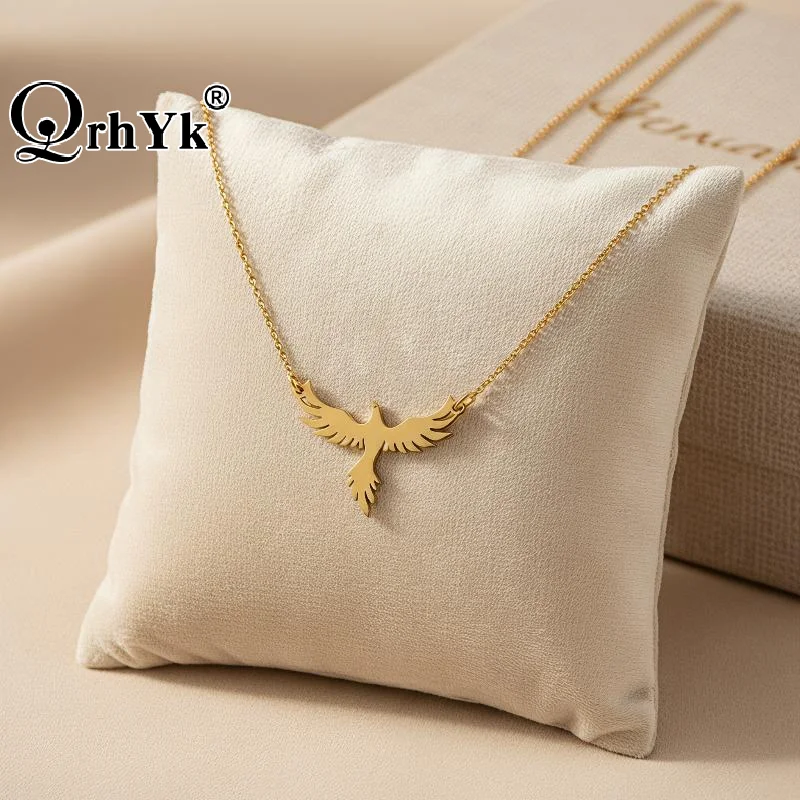 Dainty Rising Phoenix Pendant Necklace Stainless Steel Gold Plated Silver Fantasy Bird Charm