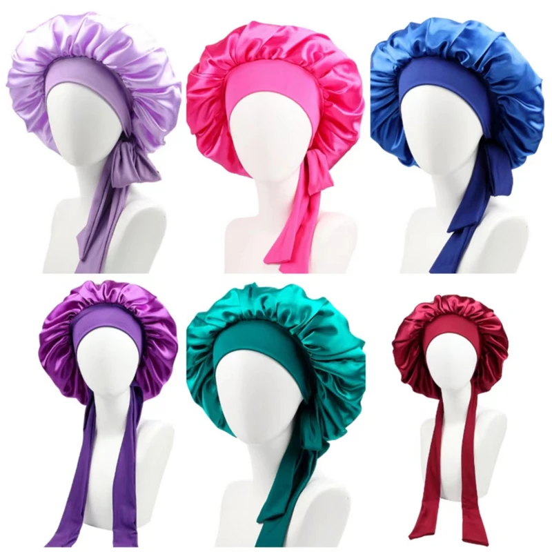 Streamer Cappello rotondo Fiocco Cofano di seta per capelli ricci Grande cofano in raso con fascia per cravatta Trecce jumbo Cofano per donna Berretto da notte