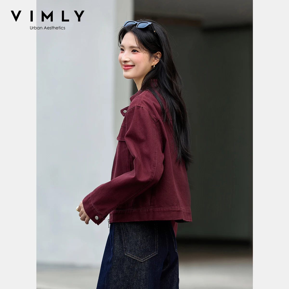 VIMLY Women's Red Denim Jacket Vintage Stand Neck Autumn 2025 Pure Cotton Long Sleeve Zip Up Short Coats Pleated Hem Tops A2568