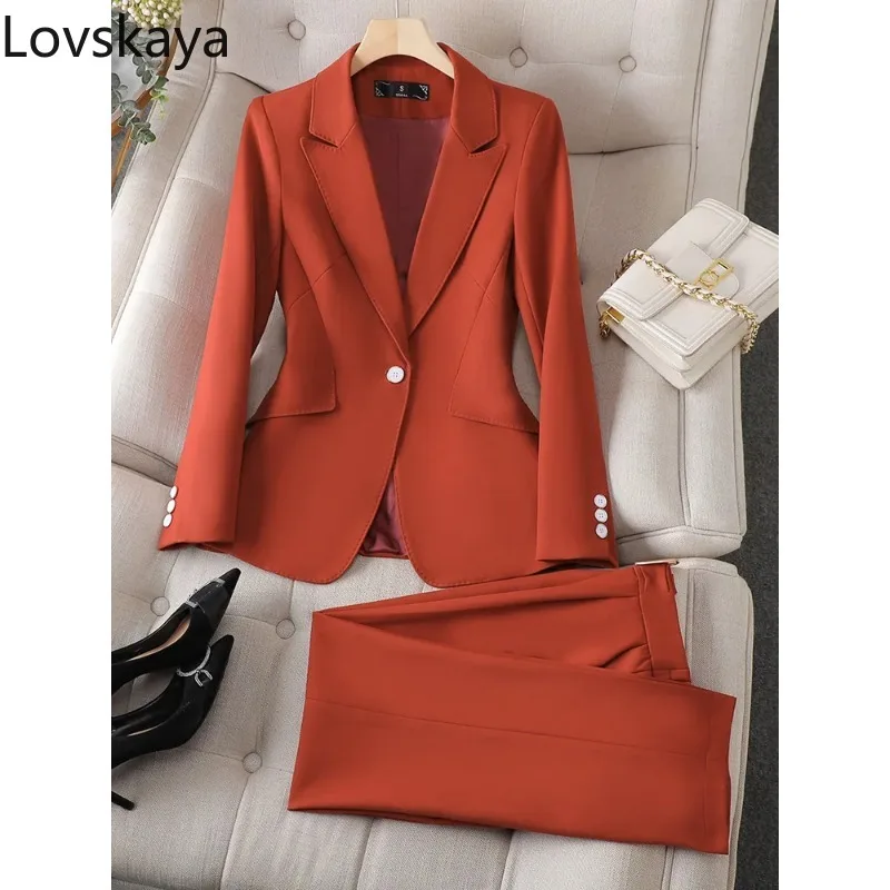 2-Piece Work Wear Set for Women, Blazer Jacket and Trouser, Black and Red, Formal Pant Suit, Office Ladies Business