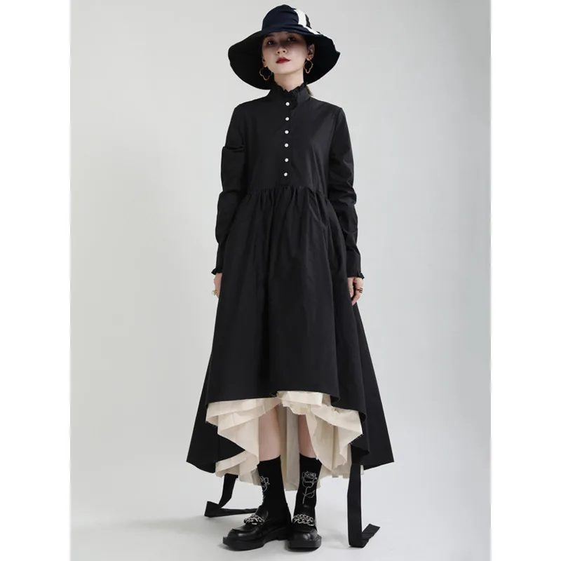 HUISONG Frauen Schwarz Schichten Unregelmäßige Lange Elegante Kleid Neue Stehkragen Langarm Mode Flut Frühling Herbst 2025, yy8mqu