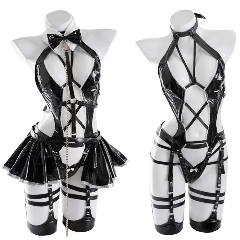 

Anime Girl Group Leather Bodysuit Dress Unifrom Women Cross Strap Bandage Maid Outfits Costumes Cosplay