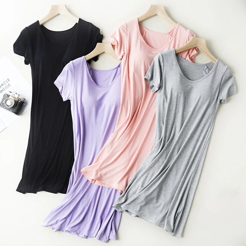 Women Solid Modal Nightdress With Chest Pad Comfort Short Sleeve Mid-Long Pajamas Casual Homewear Sleepwear With Built In Bra