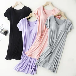 Camisón de Modal liso con almohadilla en el pecho para mujer, ropa de dormir cómoda de manga corta, pijamas de longitud media, ropa de casa informal con sujetador incorporado