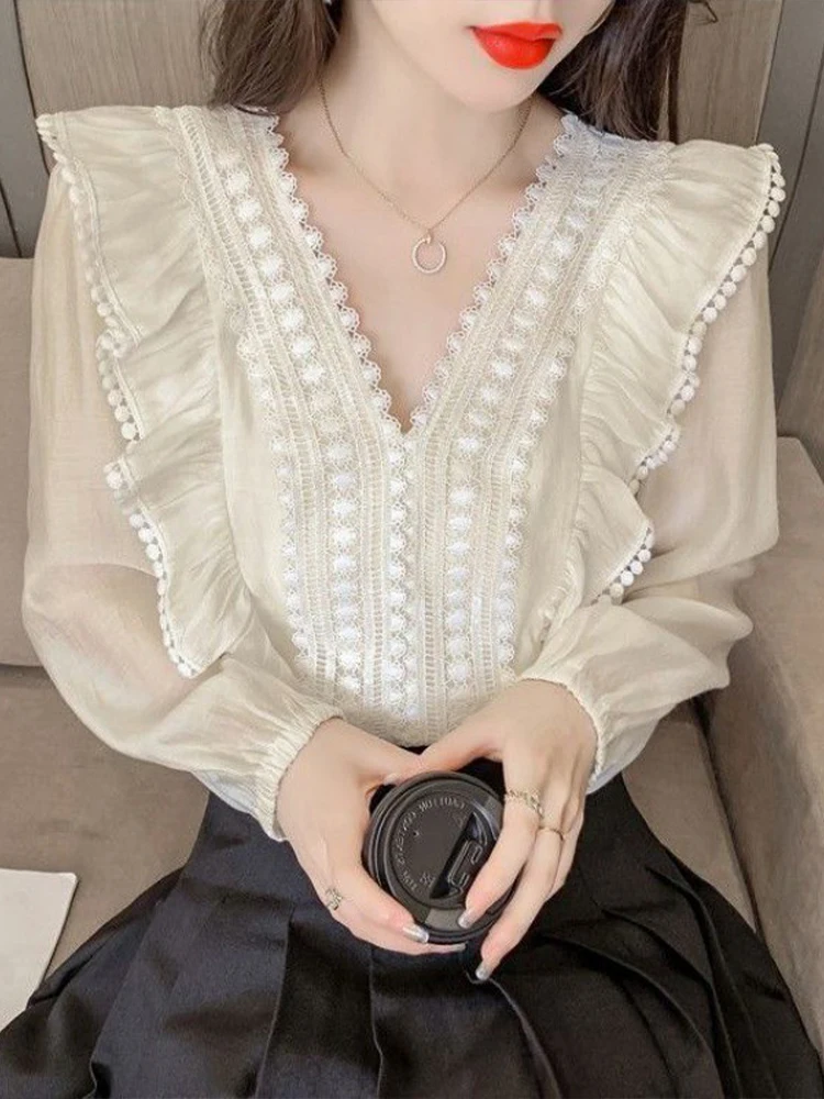 

Korean Fashion Blouses Women Autumn Vintage Lace Ruffles Patchwork Shirts Female Elegent Puff Sleeve V Neck See Through Blusas