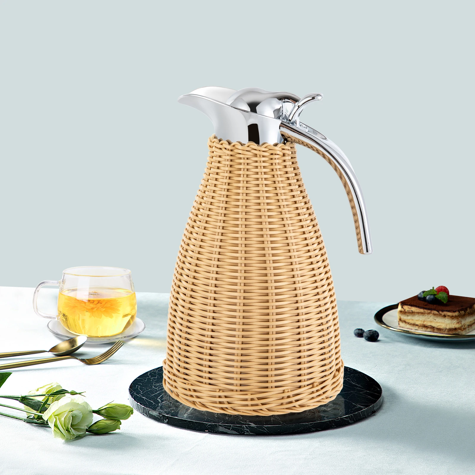 1.5L Stainless Steel Coffee Thermal Jug, Double Walled Vacuum Insualted Jug, Rattan Thermal Jug Natural