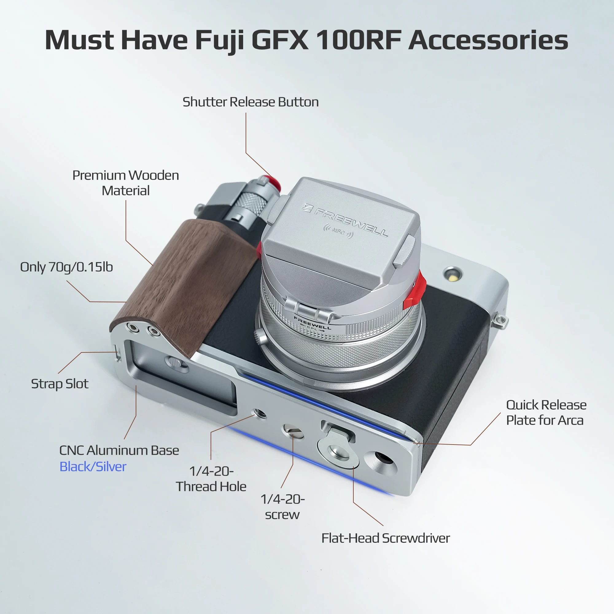 قبضة محمولة على شكل حرف L خشبية ممتازة من Freewell لكاميرا Fuji GFX100RF مع متانة الإصدار السريع من Arca-Swiss