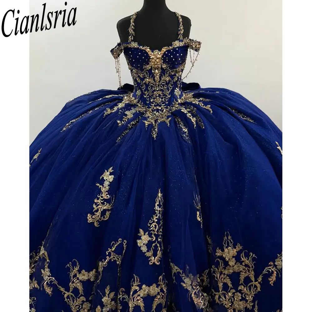 

Royal Blue Spaghetti Straps Beading Tassel Quinceanera Dresses Ball Gown Gold Appliques Lace Sweet 15 Años Mexican Customized