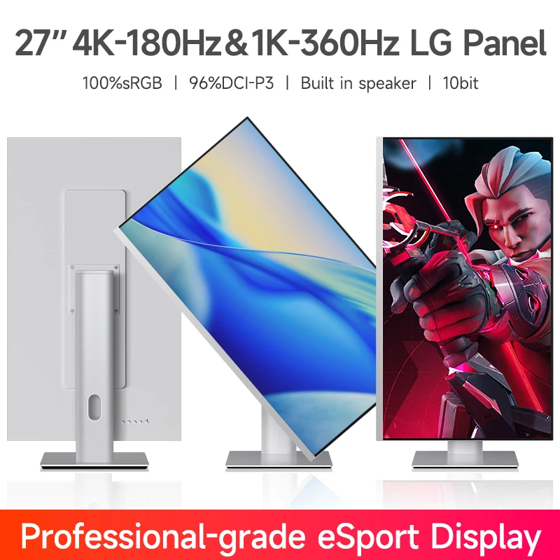Monitor 4k de 27 polegadas, tela ips rápida, 180hz, 1ms, freesync, monitor de jogos, alto-falante embutido, hdmi2.1, corpo de material de liga metálica