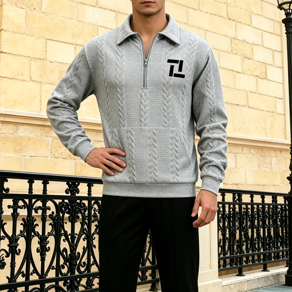 Men Textured Half Zip Polo Sweatshirt Lapel Collar Long Sleeve Pullover Geometric Block Print Casual Streetwear Training Top
